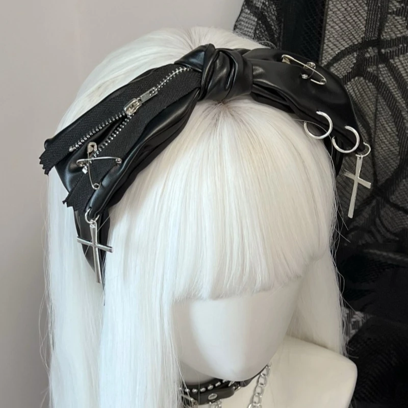 

Harajuku Aesthetic Black PU Leather Headband Alternative Alt Goth Hair Hoop with Metal Rings and Cross Charms Edgy Punk Hairband