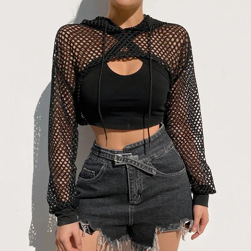 2024 New Spring  Streetwear Black Mesh Fishnet Top Women Tshirt Perspective Long Sleeve Women's T-shirts Sexy Cropped Shirt