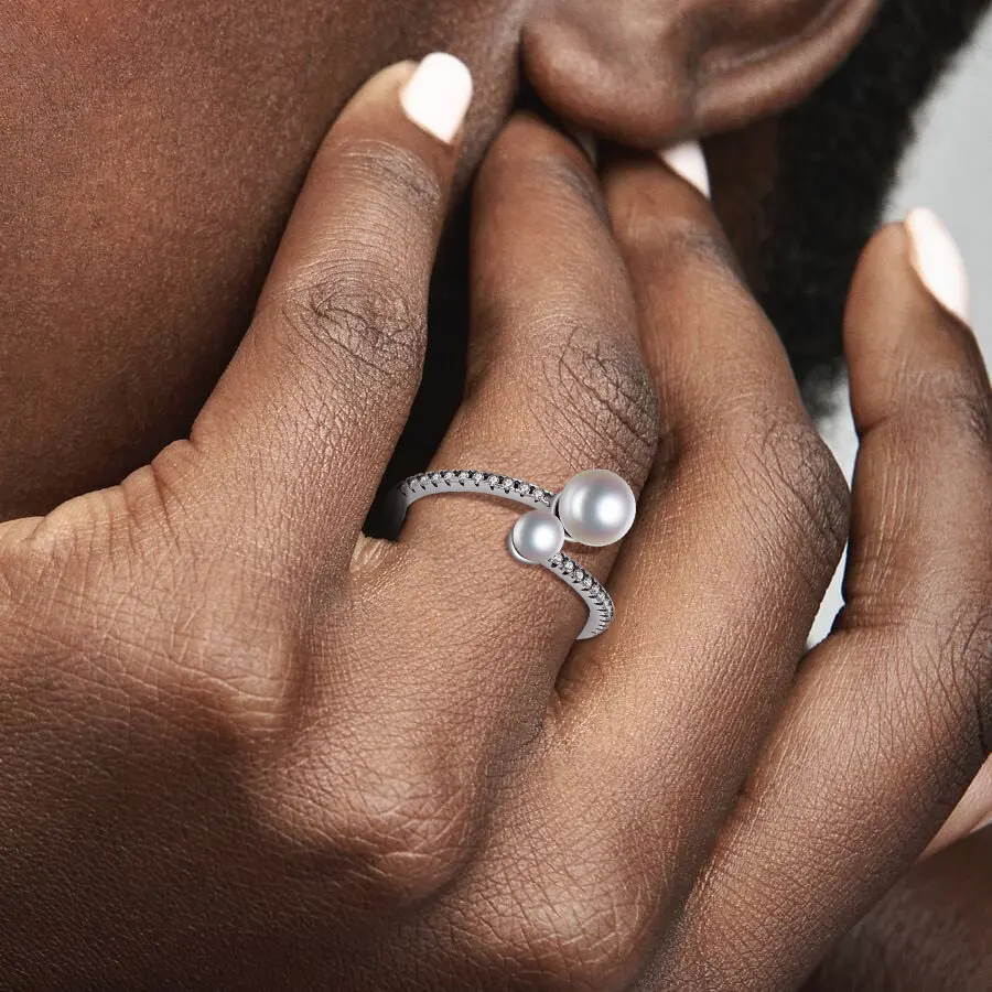 خاتم فضة استرليني 925 لؤلؤ و Pavé خاتم مزدوج الفرقة للنساء خواتم الزفاف غرامة ريترو ستايل مجوهرات اكسسوارات هدية حفلة