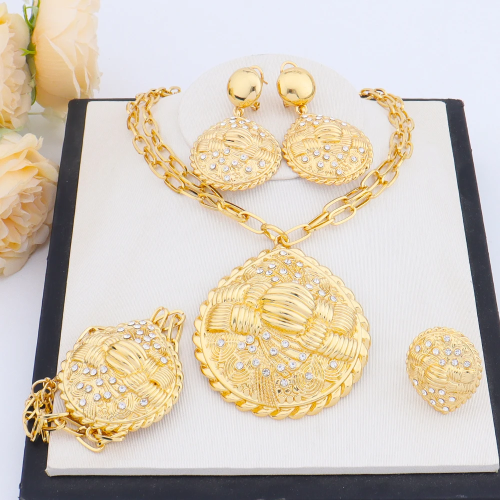 

18K Gold Dubai Necklace & Earring Set for Women – Noble African Jewelry Set with Bracelet Ring, Wedding Party Gift