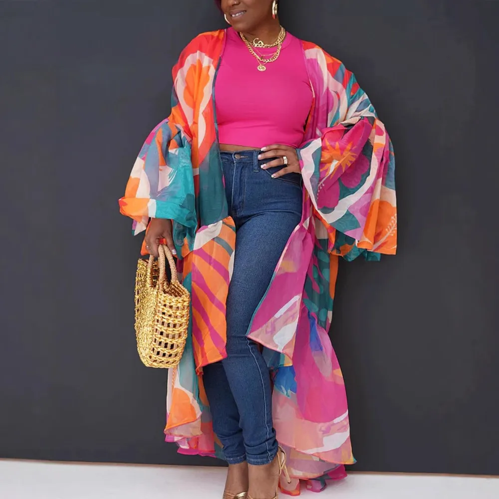 Femmes décontracté plage Protection solaire Long Cardigan printemps automne nouvelles lanternes manches ourlet irrégulier Long imprimé extérieur Cardigan dames