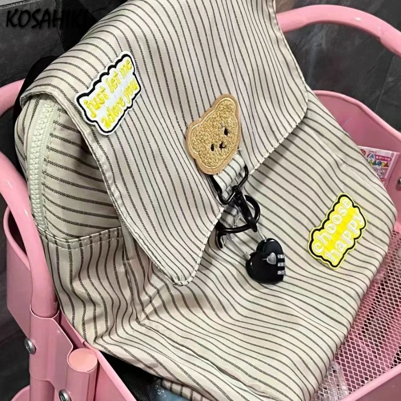 Vintage All Match Stripe Korean Backpack Fashion Y2k Aesthetic Cartoon Cute Bear Bags for Women Casual Fashion Preppy Schoolbags