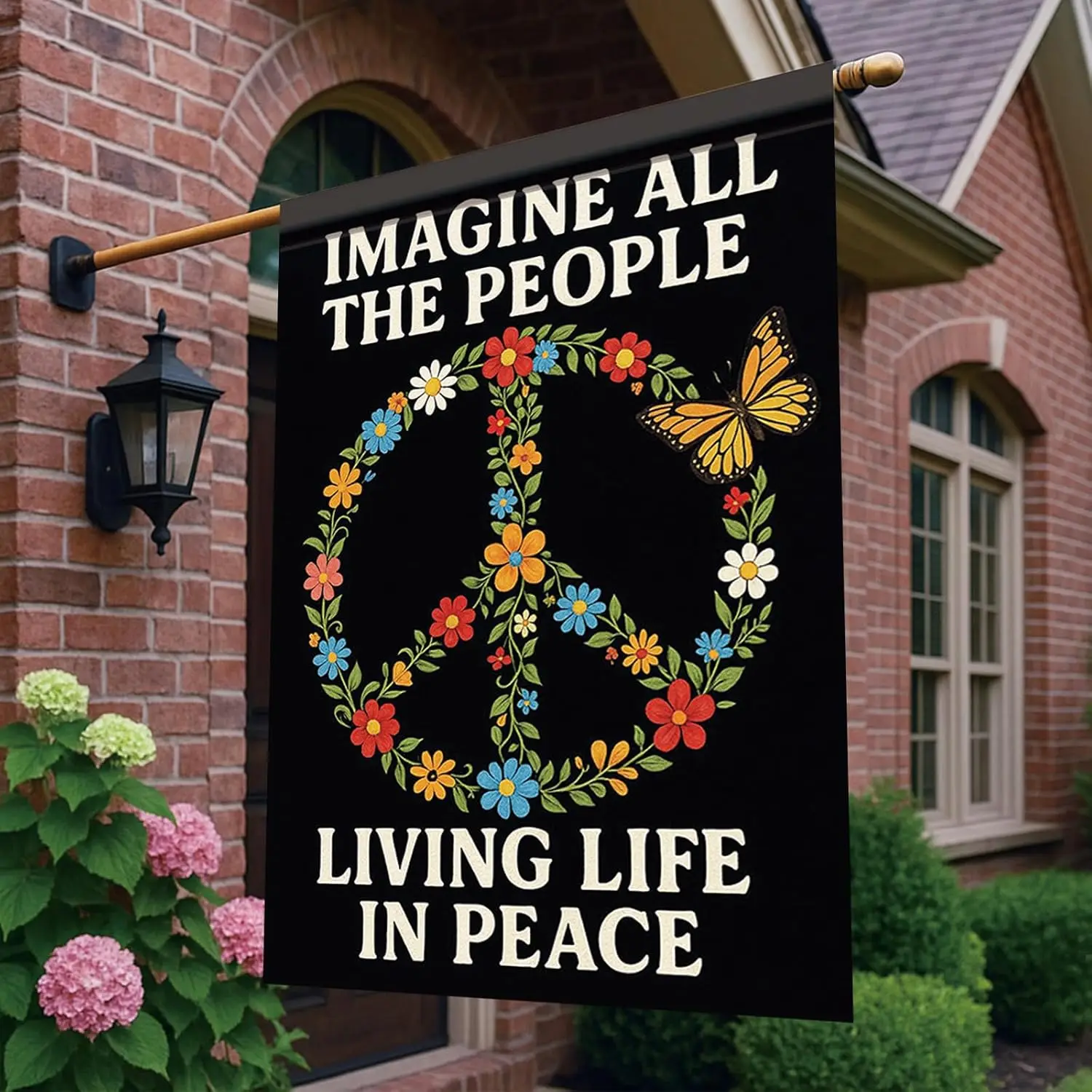 Peace House Flag 28x40 Inch Imagine All The People Garden Flag Living Life In Peace Double Sided Butterfly Floral Wreath Yar EEZ
