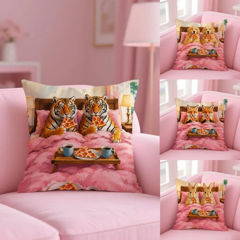 Creativity Tiger Pizza Cushion Cover Soft Short Plush Double-Sided Printing Home Decor Machine Washable Pillow Case Gift