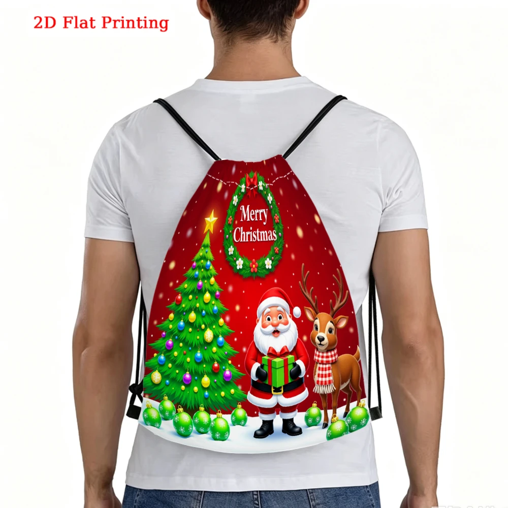 Christmas Theme, Drawstring Backpack, 2D Flat Printing Santa Claus Pattern, Fitness Sports Bag, Outdoor Travel Drawstring Bag