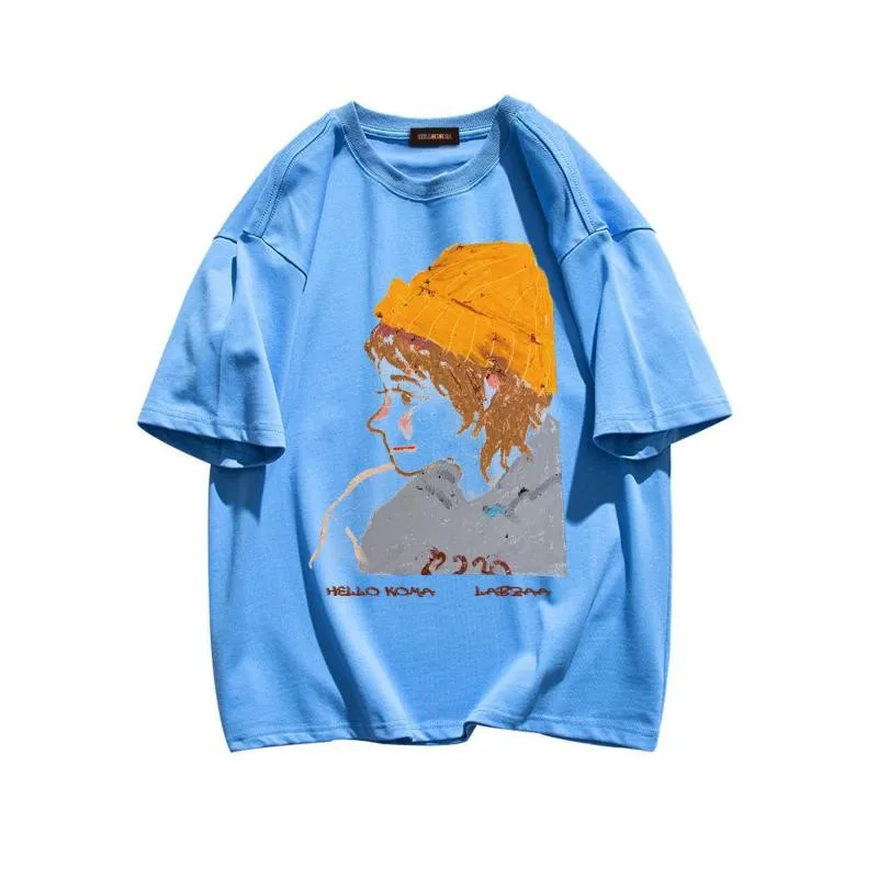 

Loose Men Women Summer T Shirt Casual Cotton Tees High Street Harajuku Hooded Girl Pattern Khaki Tops Female