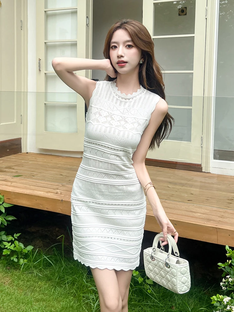 Women Clothes Sweater Sweet Casual Handmade Hook Flower Knitted Sleeveless Skinny Short Dress Elegant Lady Vestidos Summer New