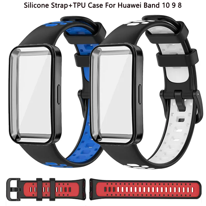 Silicone Wrist Strap+TPU Case For Huawei Band 10 9 8 Bracelet Replace Two-Color Wristband Screen Protective Cover Accessory