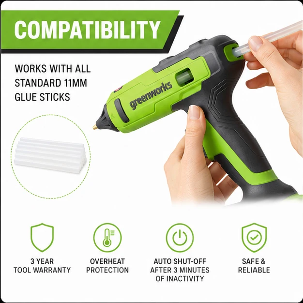 Greenworks 24V Cordless Hot Glue Gun Anti-Drip Nozzle 6-Speed Control Lightweight Design Includes 10 Glue Sticks