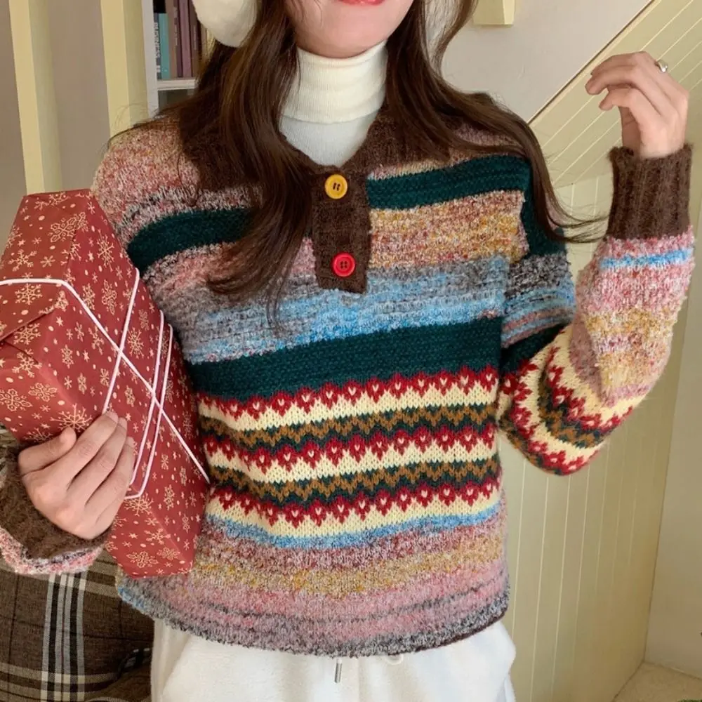 

Вязаный свитер с длинными рукавами для отдыха, женский свободный сладкий цветной вязаный крючком трикотаж в стиле ретро, мягкий милый пуловер для девочек, весна/зима