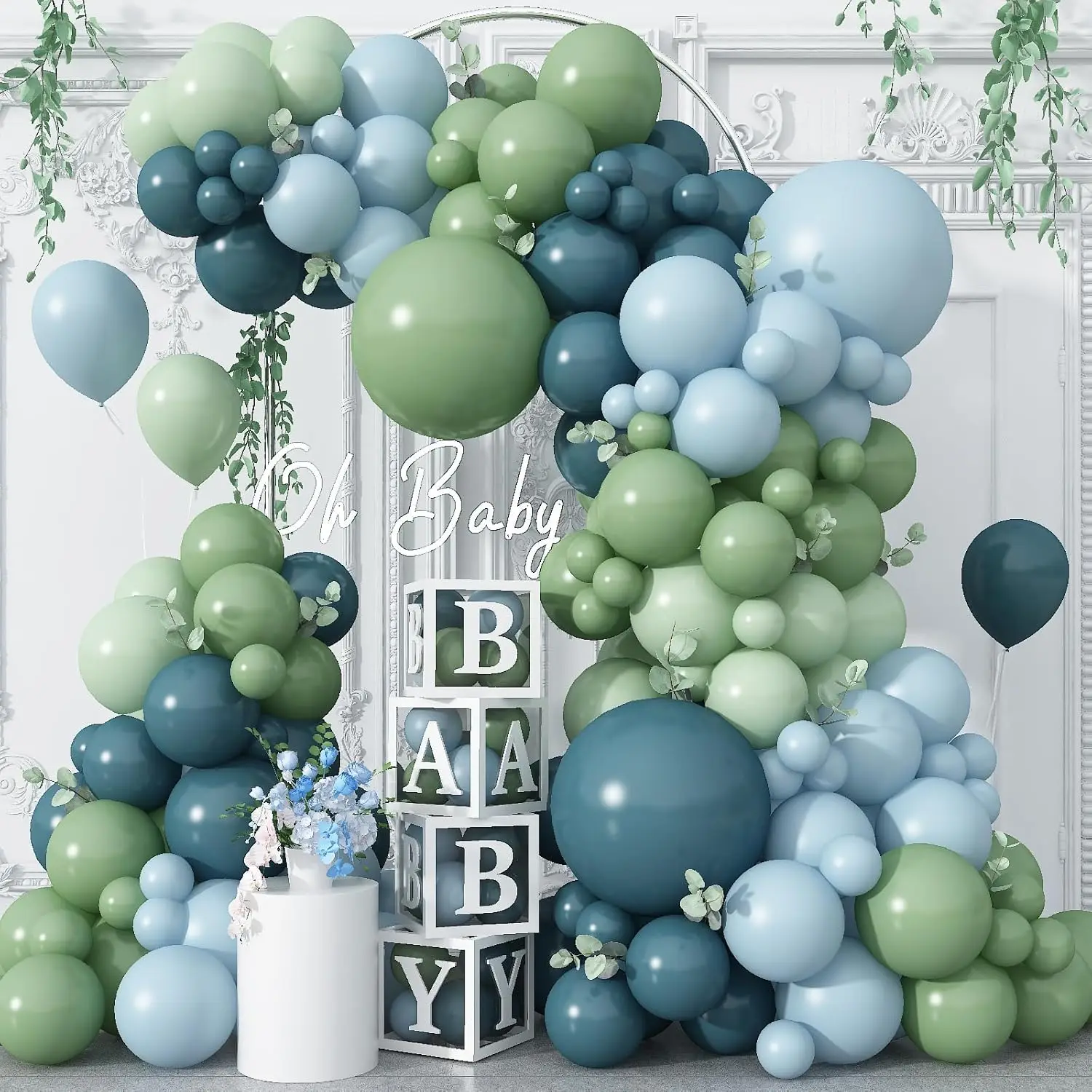 106 Uds. Kit de arco de guirnalda de globos verde salvia azul polvoriento para boda, despedida de soltera, Baby Shower, aniversario, decoraciones para fiesta de cumpleaños