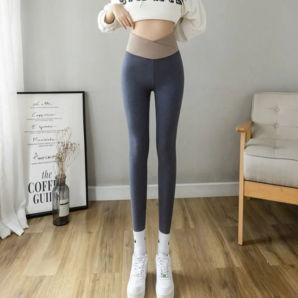 Cusual Solid Color Women Leggings Autumn Winter Thickened Long Pants Slim Fit Warm Fleece Pants