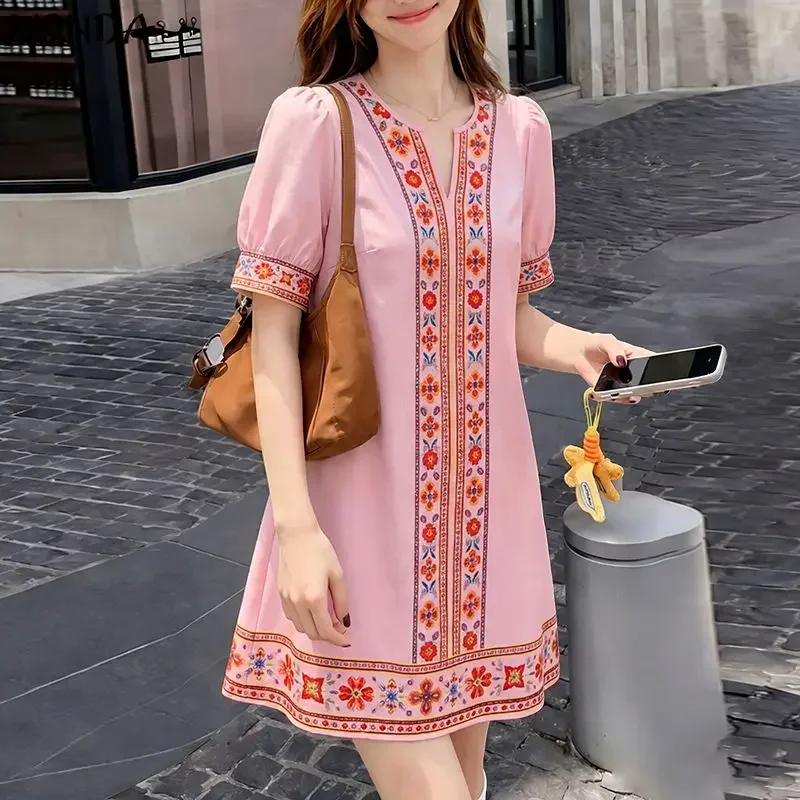 

Elegant Summer Short Sleeve Women Dress VONDA Floral Print Mini Dresses Streetwear A-line Puff Sleeve Vestidos V Neck OL Dress