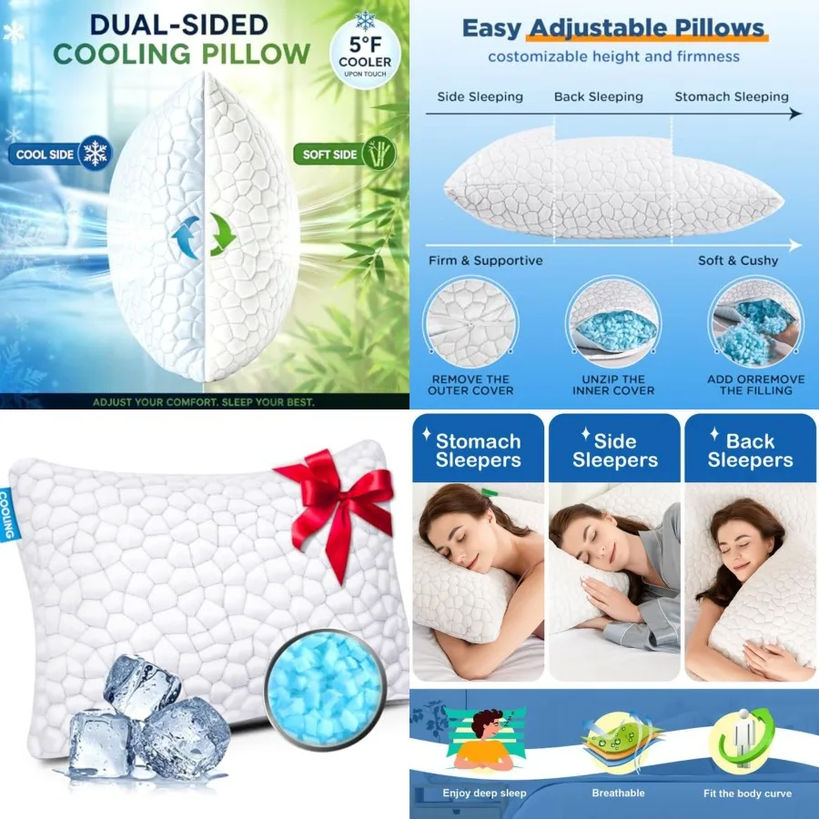 

Cooling Pillow Standard Size 1 Pack, CertiPUR-US Shredded Memory Foam Pillows, Cool Bed Pillows for Hot Sleepers, Adjustable Fi