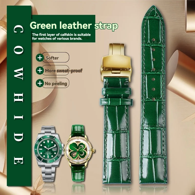 18 20mm 22mm Green cowhide ostrich leather Elegant noble watch strap For Fiyta four-leaf clover LA862025 Rolex Green water Ghost
