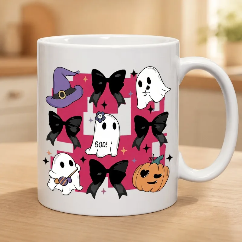 1pc 11Oz, Ceramic Coffee Mug, Pastel Halloween Bows And Spooky Ghost Pattern, Coquette Aesthetic Gift