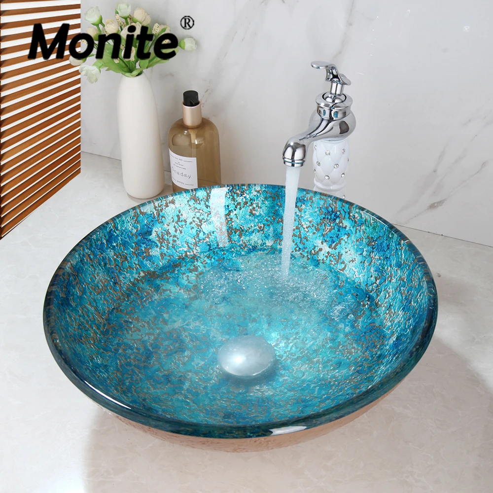 

Monite Art Hand-Painted Bathroom Tempered Glass Basin Sink Faucet Set Like Blue Sea Round Luxurious Diamond Sitting Mixer Taps