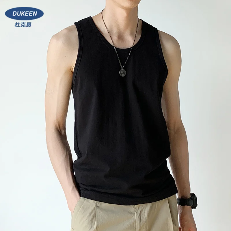 DUKEEN Cotton Tank Tops Men\'s Summer Outer Wear Tops Sports Fitness Sleeveless T-Shirt Solid Color White Bottoming Shirt