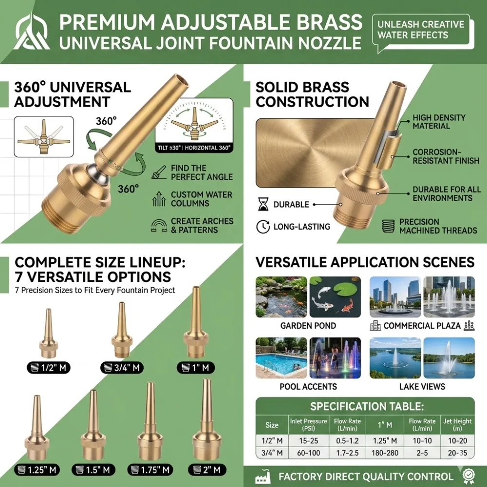 Adjustable Brass Stainless Steel Fountain Nozzle Universal Ball Joint 1/2 3/4 1 2 Inch Straight Jet Garden Landscape Sprayer