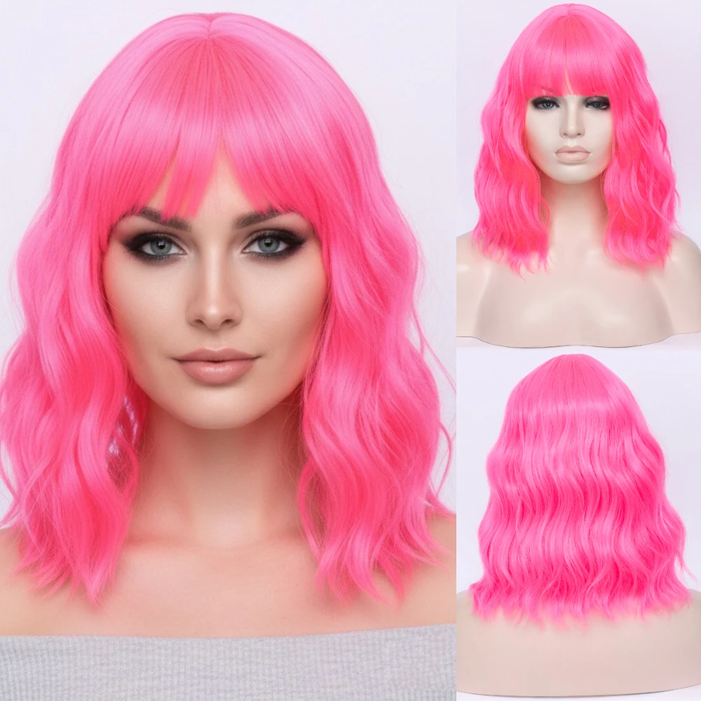 

12 Inch Short Bob Wig with Bangs Synthetic Bobo Wavy Pink Wigs for Women Natural Looking for Daily Cosplay Use