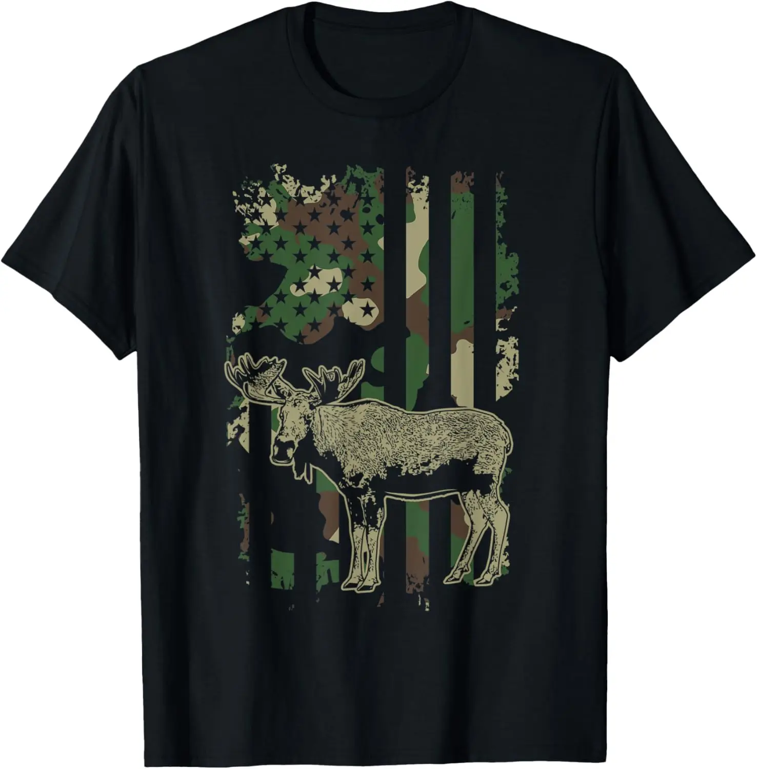 

Moose Hunting — камуфляжная футболка с флагом США и охоткой