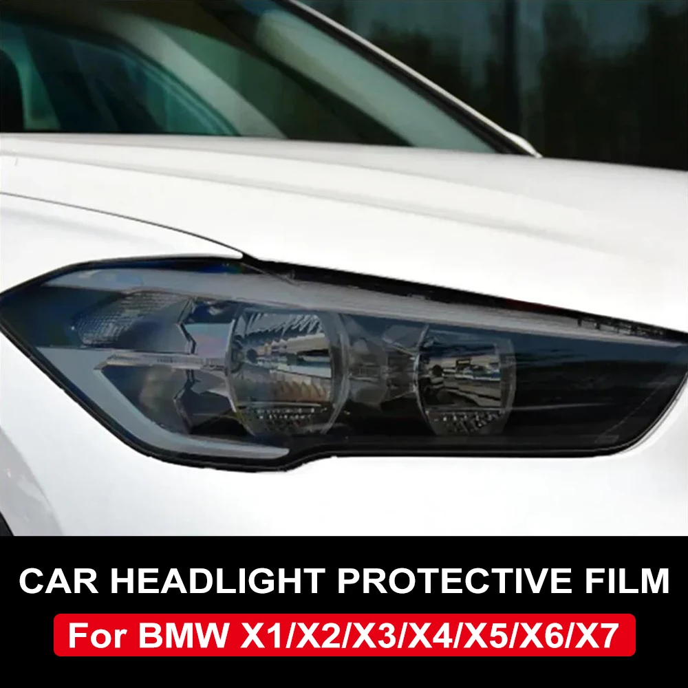 Для BMW X1/X2/X3/X4/X5/X6/X7: Комплект глянцевой дымчато-черной защитной пленки из ТПУ для фар (PPF), предварительно вырезанная, антицарапийная, виниловая пленка для защиты кузова.