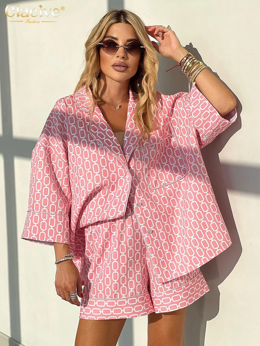Clacive Fashion Loose Print 2-częściowy strój damski 2024 Casualowa koszula z długim rękawem i szortami z wysokim stanem Kobieca odzież domowa