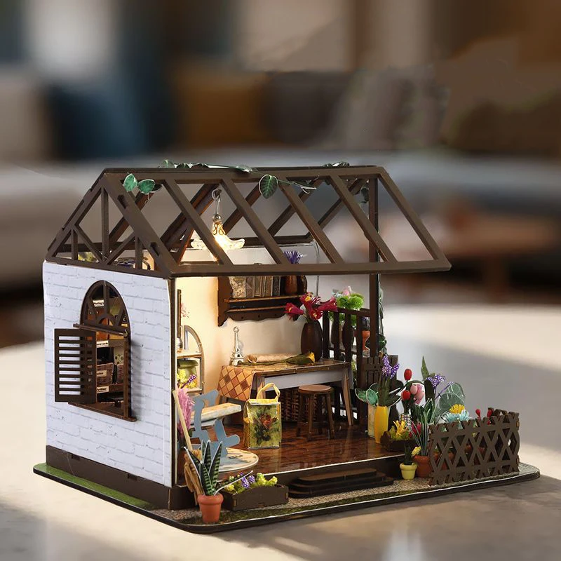 DIY Mini Casa Houten Miniatuur Model Kit Vrije tijd 3D Puzzel Poppenhuizen Met Meubels Poppenhuis voor Vrienden Verjaardagscadeaus