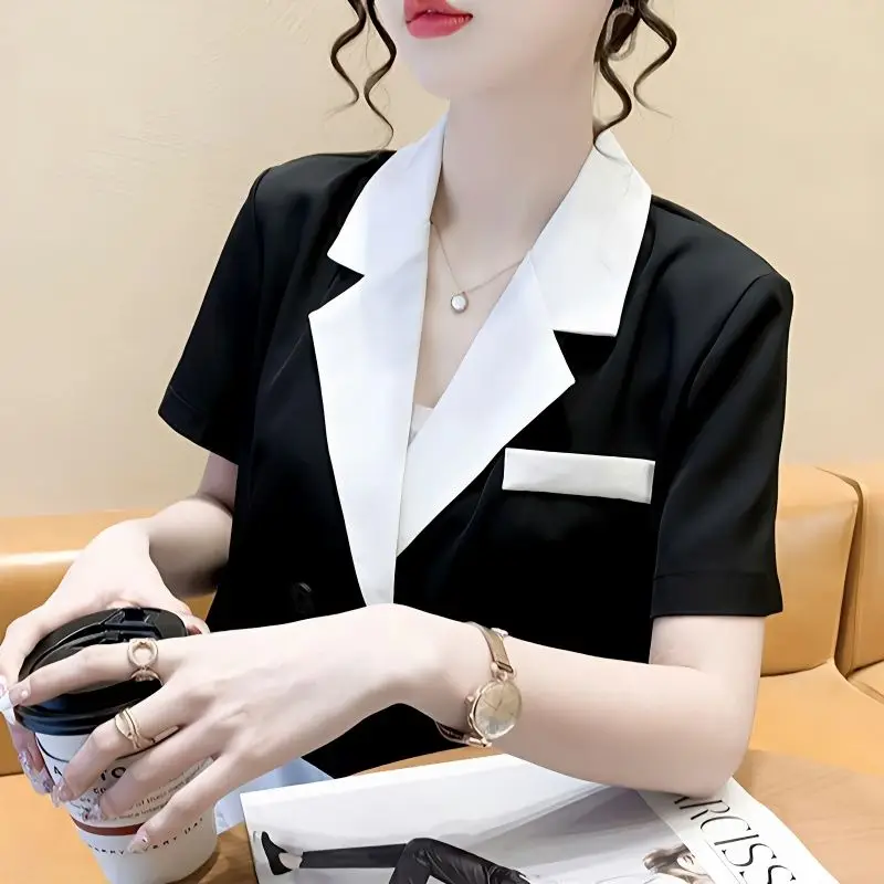 

Summer 2023 New Sle Women's ort Length Color Blo Design Sensation Fraance Wind Suit Jaet Loose Fit Polyester Fiber