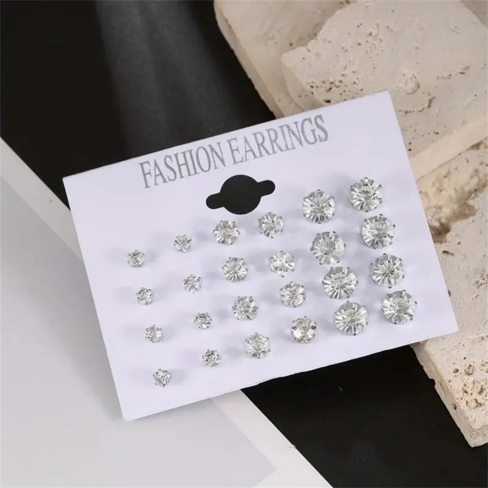 12 Pairs Set Stainless Steel Silver Color CZ Stud Earrings with Gemstone Buds Round Earrings Jewelry Accessories Unisex image 4