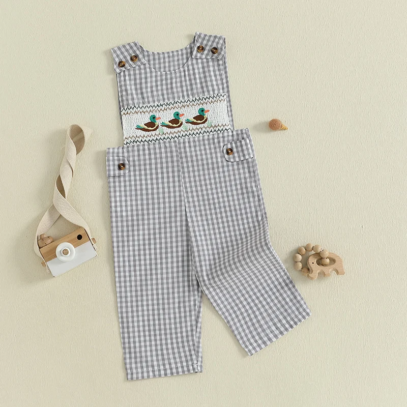 Mameluco sin mangas con cuello redondo para bebés con lindo bordado de oso y patrón a cuadros para diversión de verano