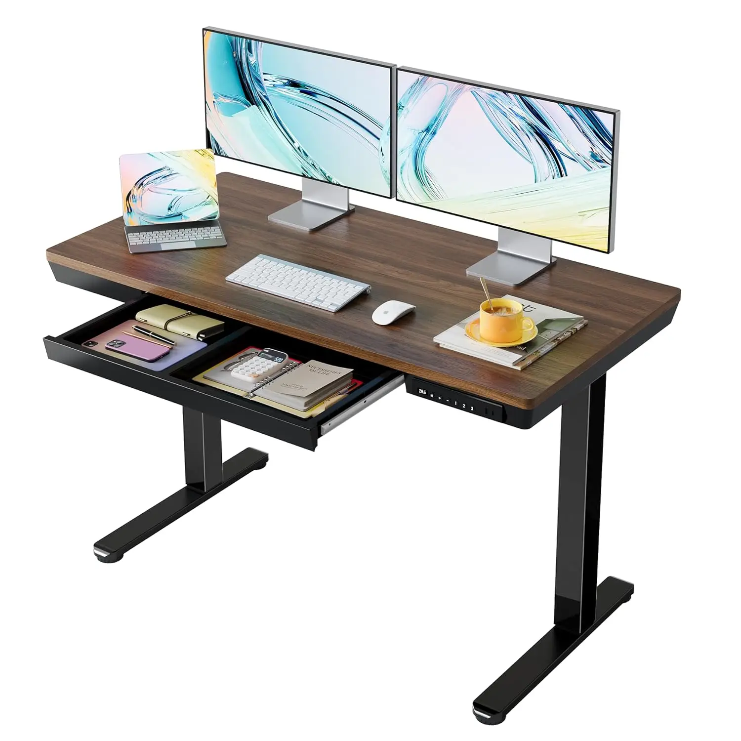 

Electric Height Adjustable Desk with Drawers 48x24 Quick Install One-Piece Top USB Ports Sit Stand Home Office Walnut Customized