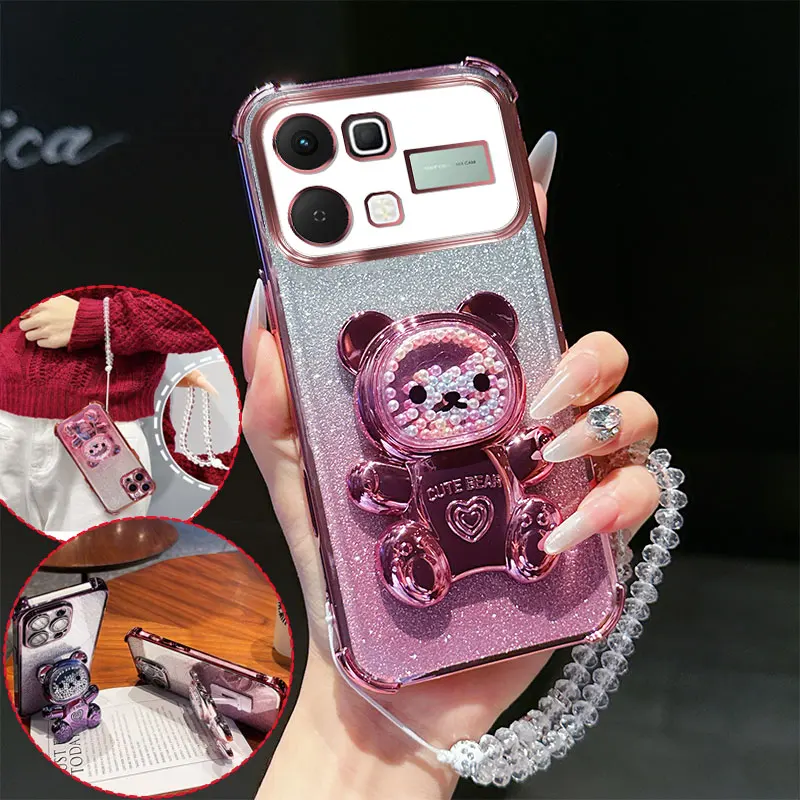 4 Corner Shockproof Phone Case with Cute 3D Bear Stand Crystal Chain Lanyard Glitter For Infinix Note 60 Note60 Pro Back Cover