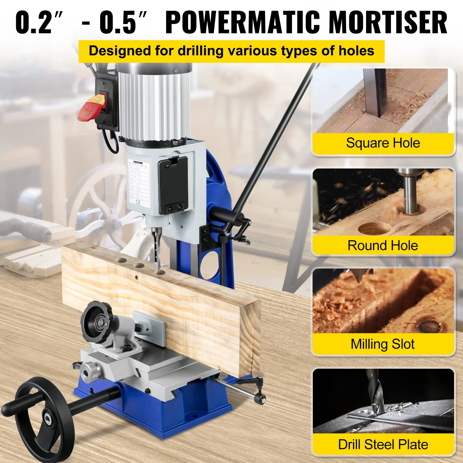 VEVOR Benchtop Mortiser Machine Mortising Tenon Machine Square / Round Hole for Woodworking Drilling Wood Metal Milling Slotting