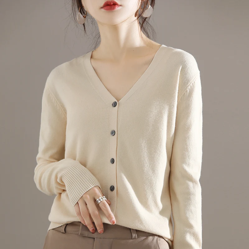 Spring New V-neck Sweater Cardigan Women Fashion Solid Color Autumn Winter Basic Loose Top Knitted Long Sleeve Female Cardigan