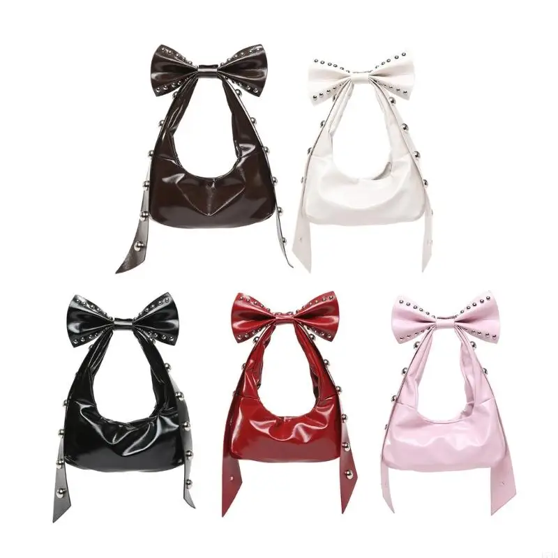 

L74F Trendy Handbag for Women with Unique Bows and Rivet Embellishments Stylish PU Leather Women's Shoulder Bag