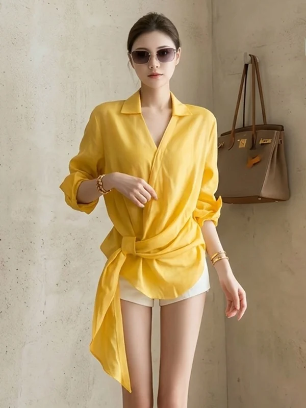 

Unique Beautiful Yellow Cross V-Ne Long Sve Women's irt Loose Fit Tie-Belted Spring Summer New Sle Comfortable Breat...
