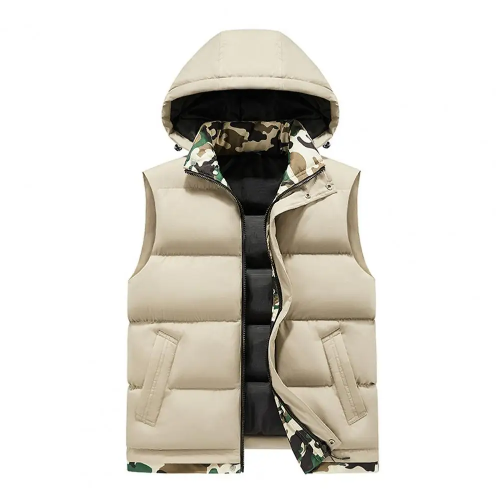 Male Sleeveless Waistcoat Men's Camouflage Hooded Vest with Stand Collar Windproof Design Zipper Closure Sleeveless Winter