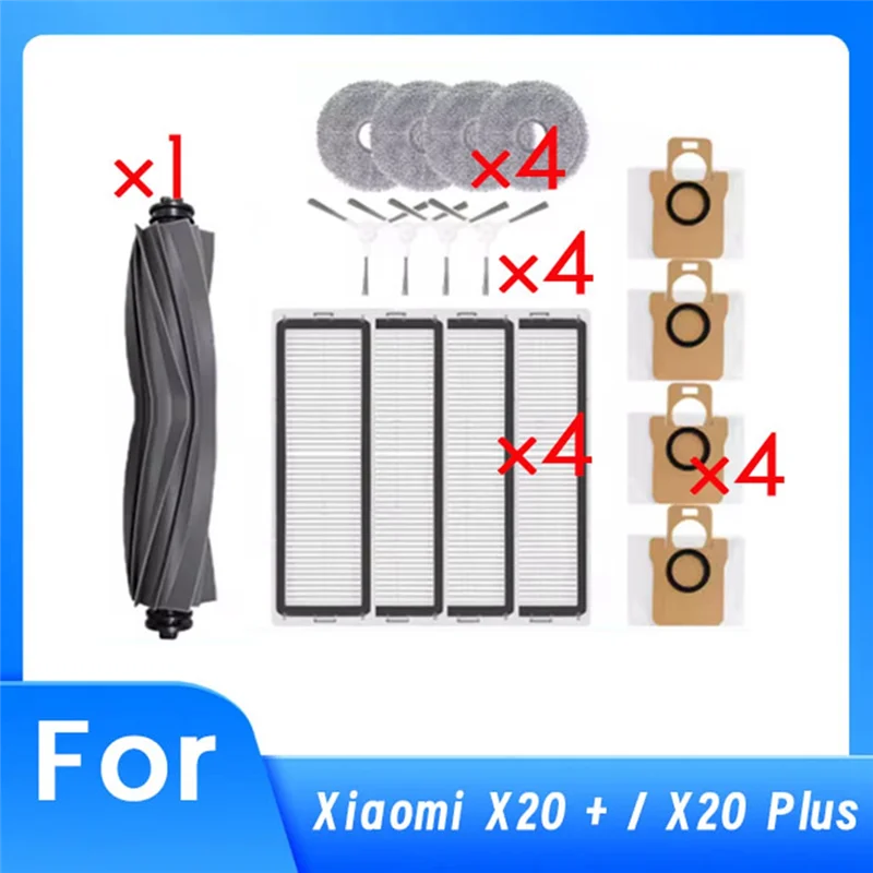 

ABHU 17 шт. для Xiaomi X20+ X20 Plus: Комплект сменных запчастей для пылесоса (щетки, фильтры, мешки для пыли, салфетки для влажной уборки и крышка основной щетки)