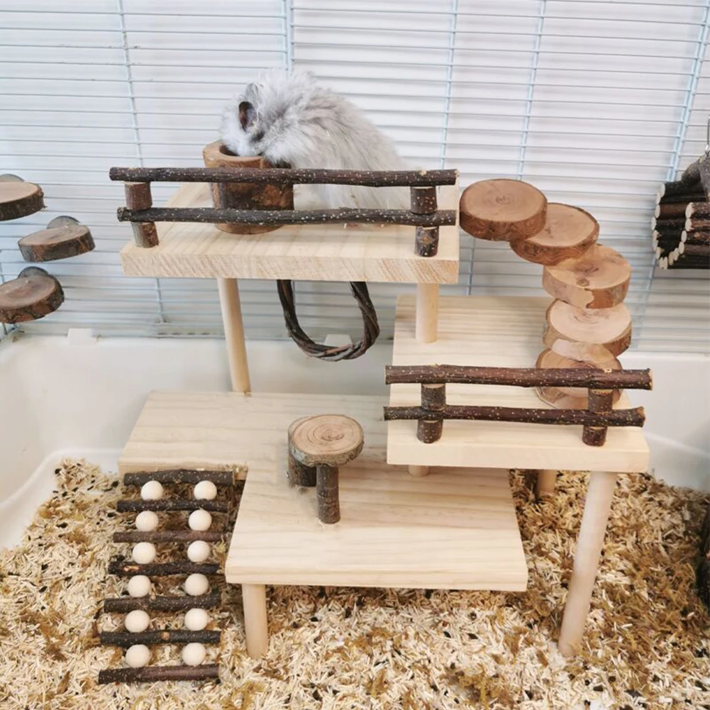 

3-Tier Hamster Platform With Rotatable Angle Ladder Bridge Fence Handmade Small Animals Playground Climbing Toy For Squirrel