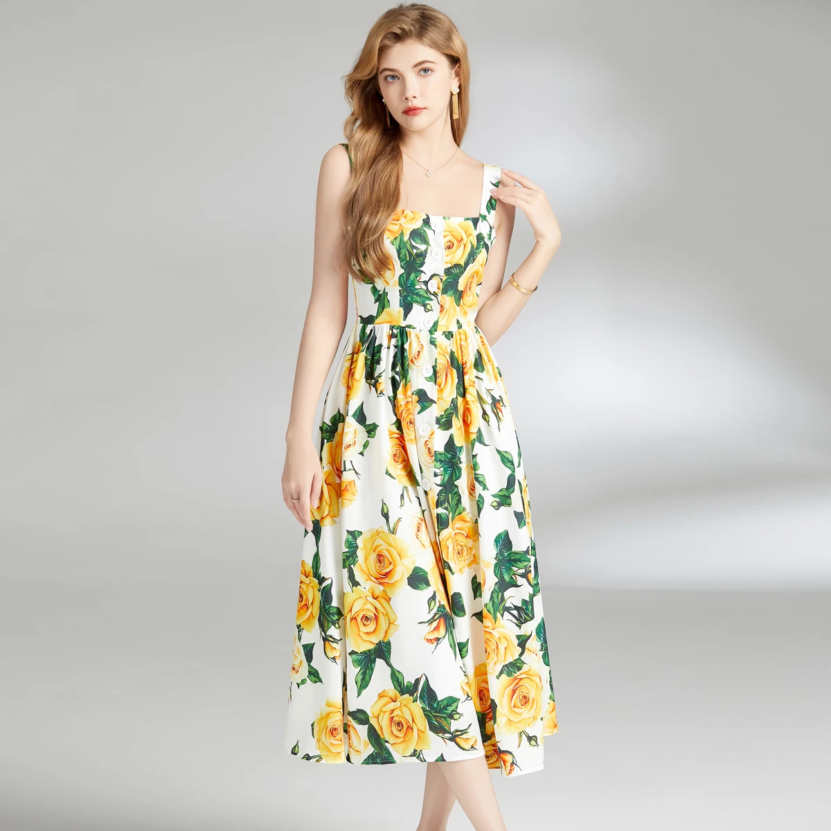 

Runway 2024 Yellow Rose Flower Print Dress Summer Woman Clothes Square Collar Single Breasted Midi Spaghetti Strap Dresses Party