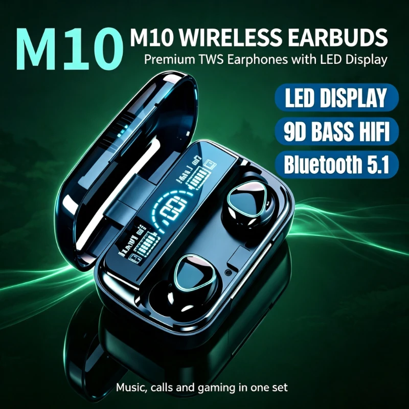M10 TWS Bluetooth 5.3 Wireless Waterproof Earphones 3500mAh Charging Box 9D Stereo Sports Earbuds With Microphone For Daily Use