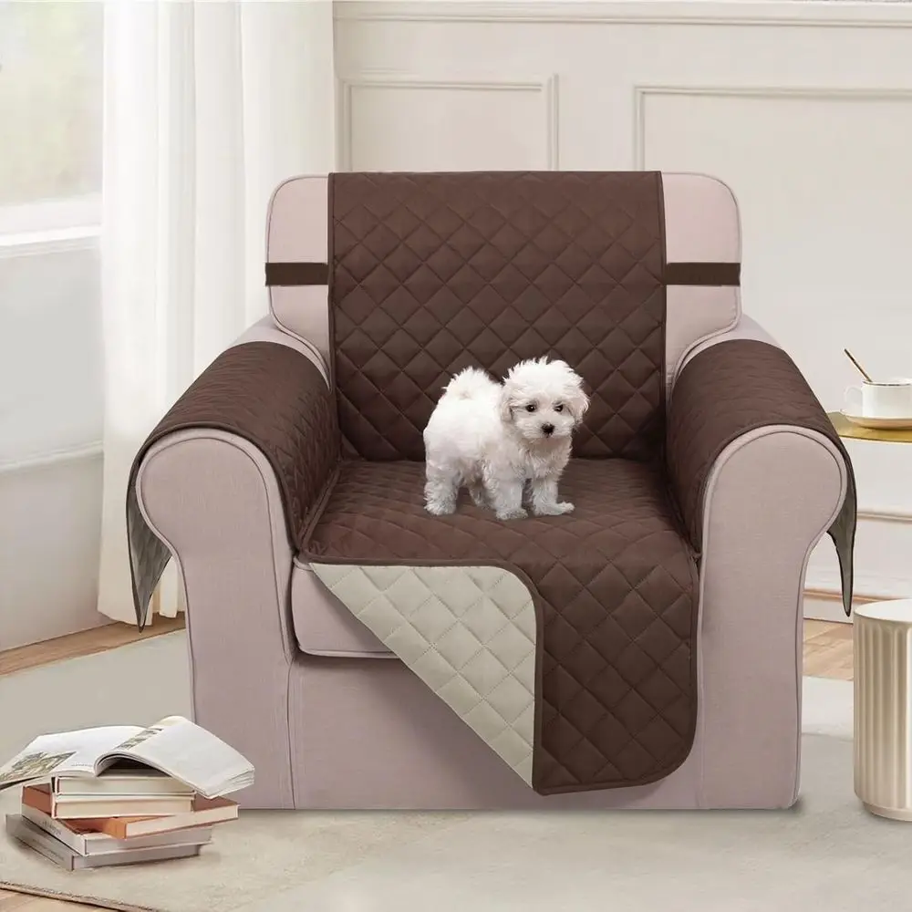 Reversible Quilted Chair Cover with Elastic Straps for Armchairs, Water-Resistant, Coffee/Beige