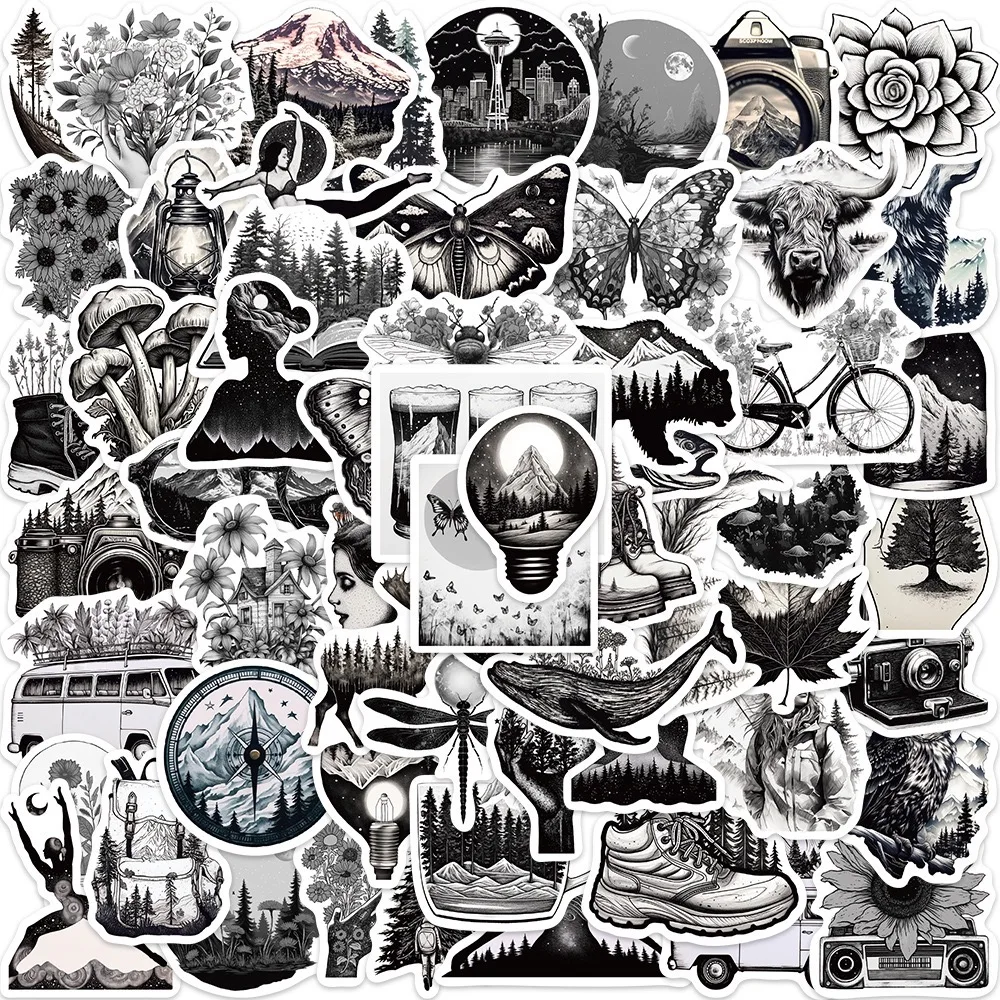 10/30/60pcs Funny Outdoors Landscape Stickers Black White Decals DIY Laptop Skateboard Bike Car PVC Waterproof Graffiti Toy