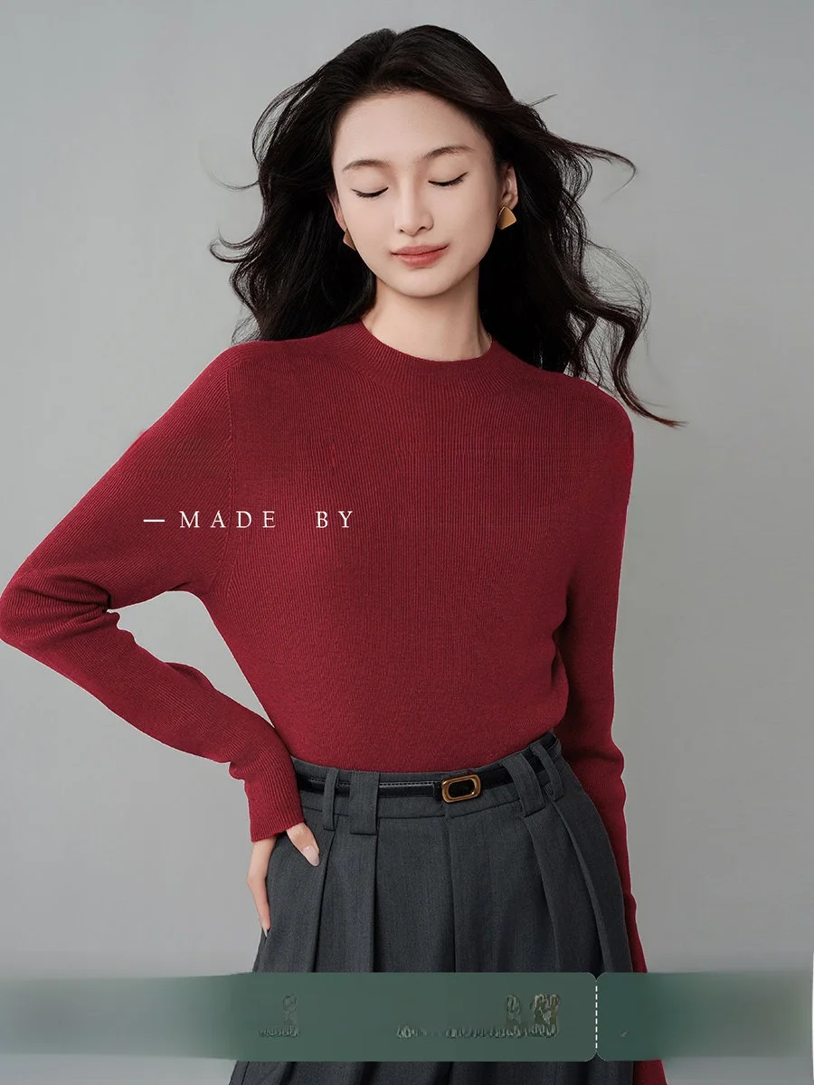 

Красный круглый Ne Slim Fit Base irt Женский зимний вязаный свитер с верхней частью Внутренняя одежда ACHU Retro Flavor Commute Sle Long Sl...