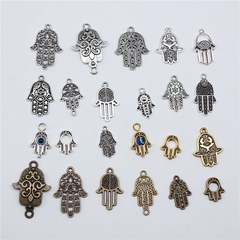 10 sztuk Fatima Hand Hamsa ochrona dłoni tybetański brąz srebrny kolor wisiorki antyczne Making DIY Handmade Craft