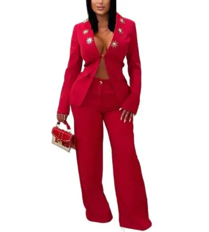 가을 여성용 맞춤형 슈트, 패션 메탈 장식 싱글 버튼 슬림핏 수트 상의와 하이웨이스트 와이드 레그 팬츠 세트