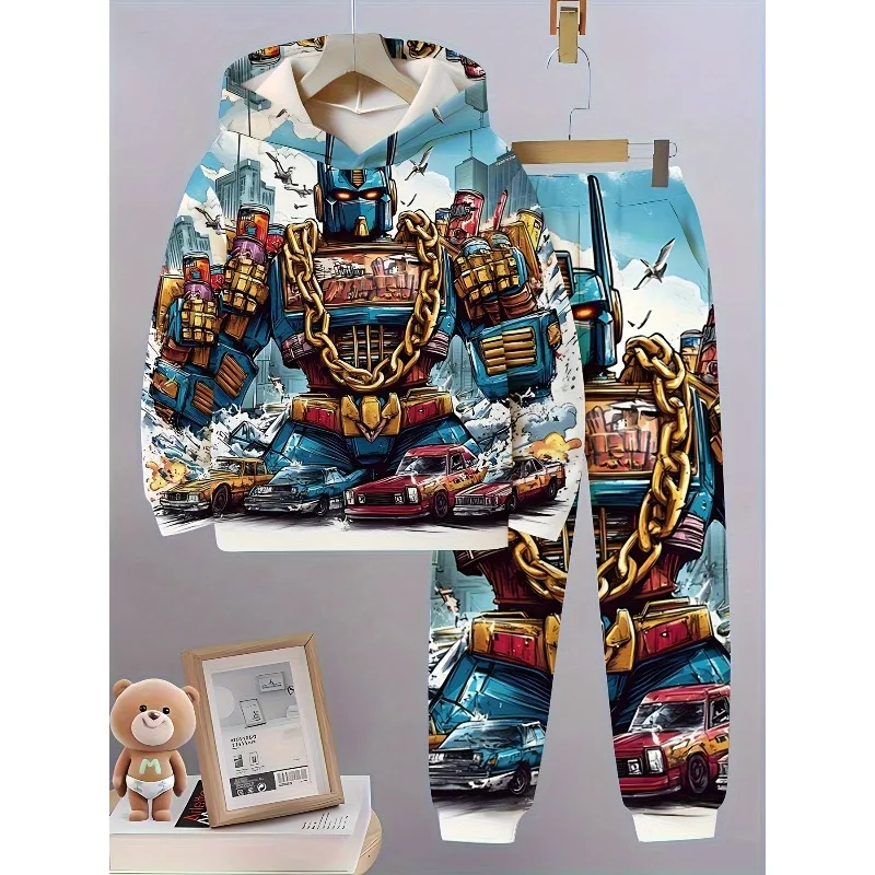 Sudadera con capucha y pantalones de chándal con estampado digital 3D de sol, león y araña, conjunto informal de 2 piezas de manga larga simple y moderno