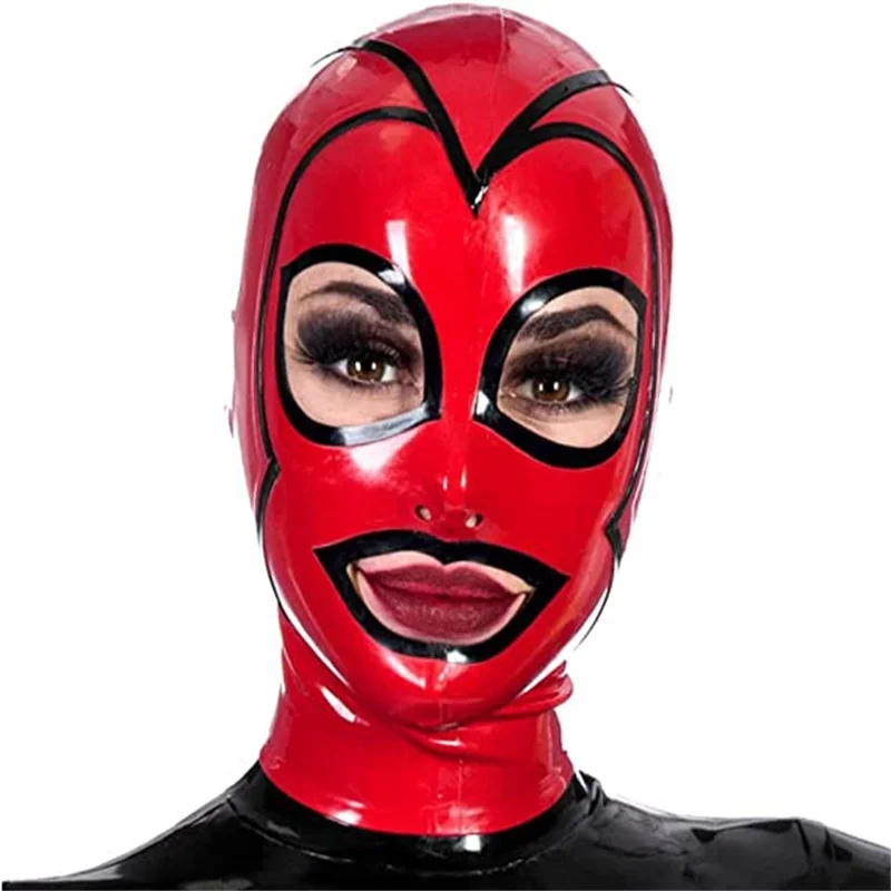 

Sexy Latex Hood Rubber Mask Fetish Red with Black Handmade Open Eyes Mouth Halloween Cosplay Costumes for Men Women