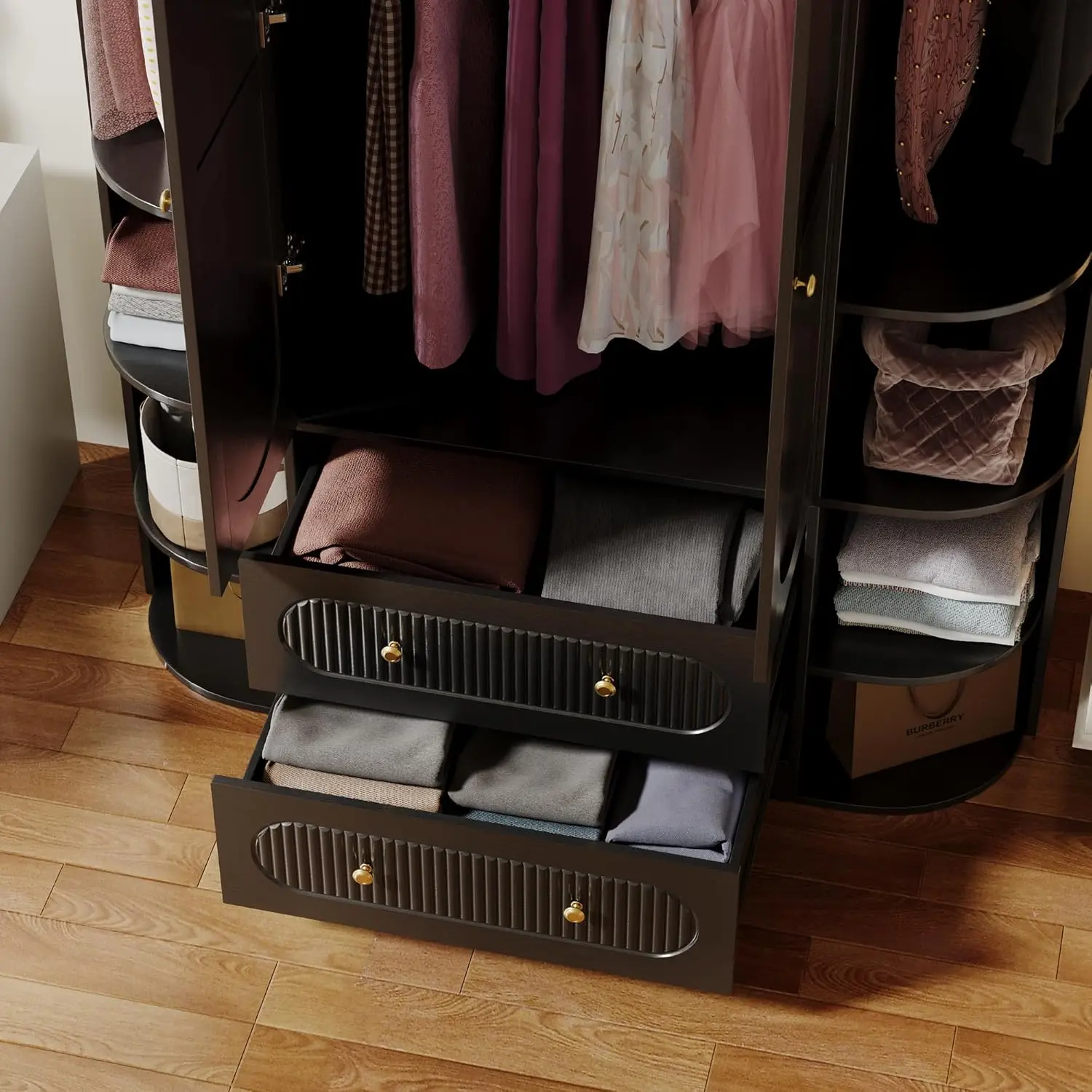 خزانة ملابس سوداء ذات سعة كبيرة مقاس 69 بوصة مع بابين و3 قضبان ودرجين و6 أرفف